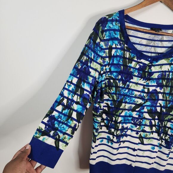Talbots Womens White Blue Striped Floral Button Up Cardigan Size Large Coastal - Picture 4 of 9